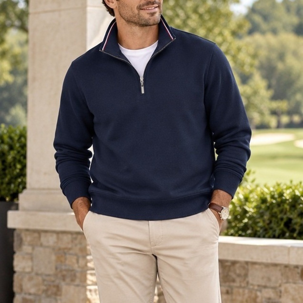 Tahari Mens XL Navy Blue Quarter Zip Pullover Cotton Blend Mock Neck Sweatshirt